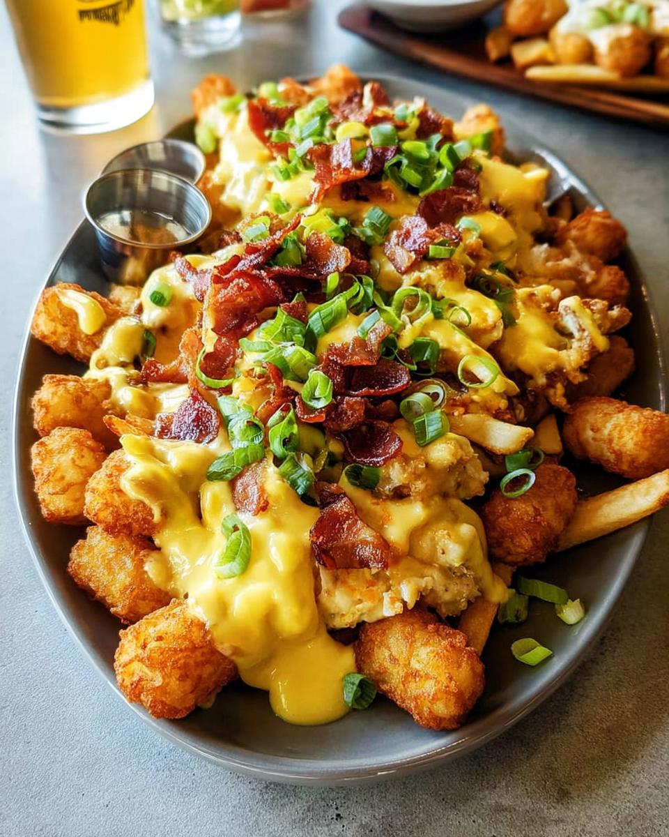 A plate of Ultimate Breakfast Poutine topped with crispy bacon, green onions, and creamy hollandaise sauce.