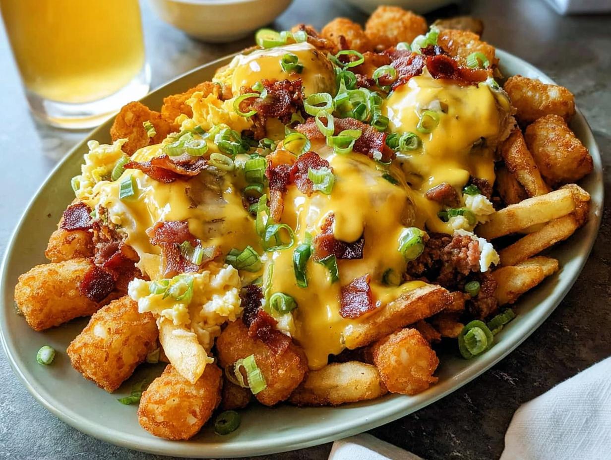 A plate piled high with Ultimate Breakfast Poutine, featuring crispy tater tots, french fries, scrambled eggs, bacon, and creamy hollandaise sauce.