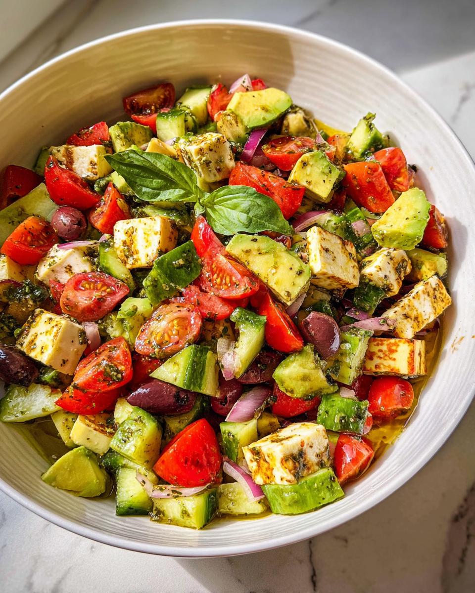 A vibrant bowl of Zesty Mediterranean Avocado Egg Salad with tomatoes, cucumbers, feta, and olives.