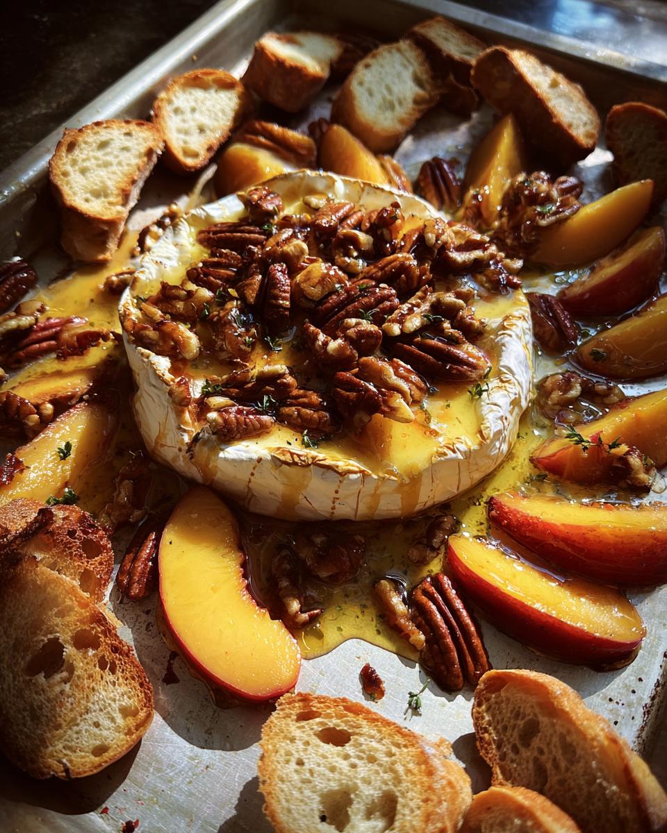 A wheel of baked brie topped with toasted pecans and drizzled with honey, surrounded by peach slices and toasted baguette slices.