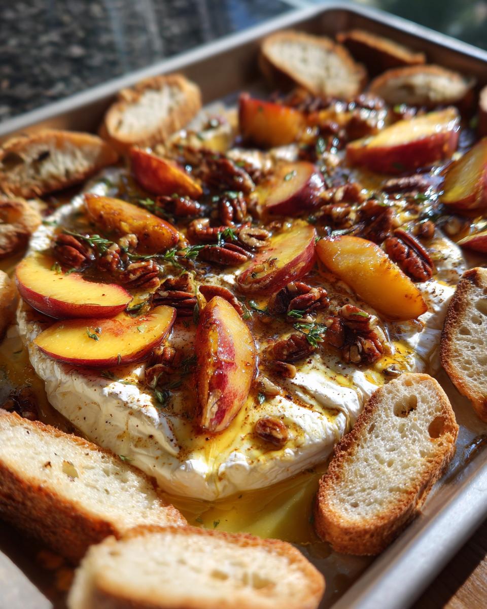 Warm baked brie topped with sliced peaches, toasted pecans, and fresh thyme, served with toasted baguette slices.