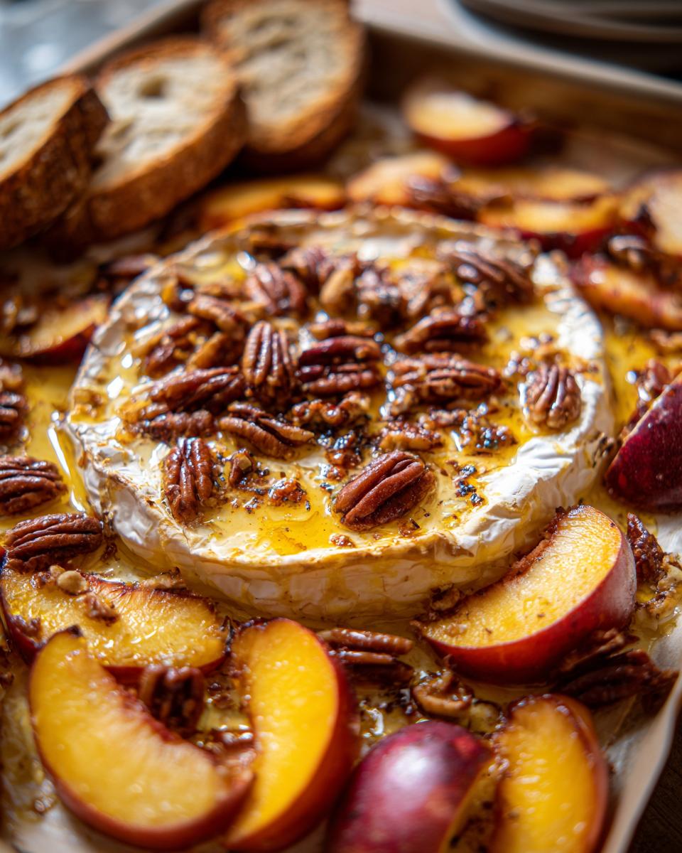 Close-up of baked brie topped with toasted pecans and drizzled with honey, surrounded by baked peach slices and toasted bread.