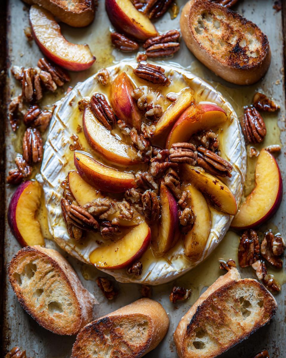 Close-up of baked brie topped with sliced peaches, toasted pecans, and drizzled with honey, surrounded by toasted baguette slices.