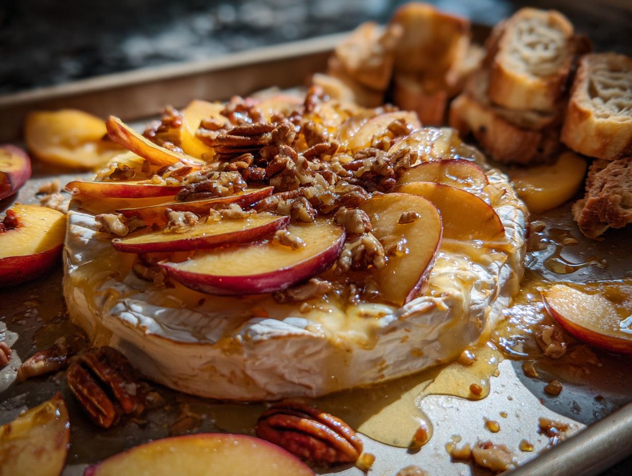 A wheel of baked brie topped with sliced peaches, toasted pecans, and drizzled with honey, served with toasted baguette slices.