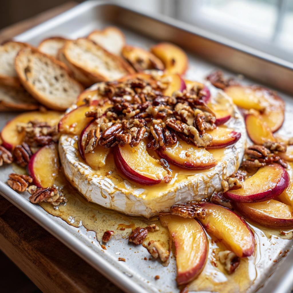 A close-up of baked brie topped with sliced peaches, toasted pecans, and drizzled with honey, served with toasted baguette slices.