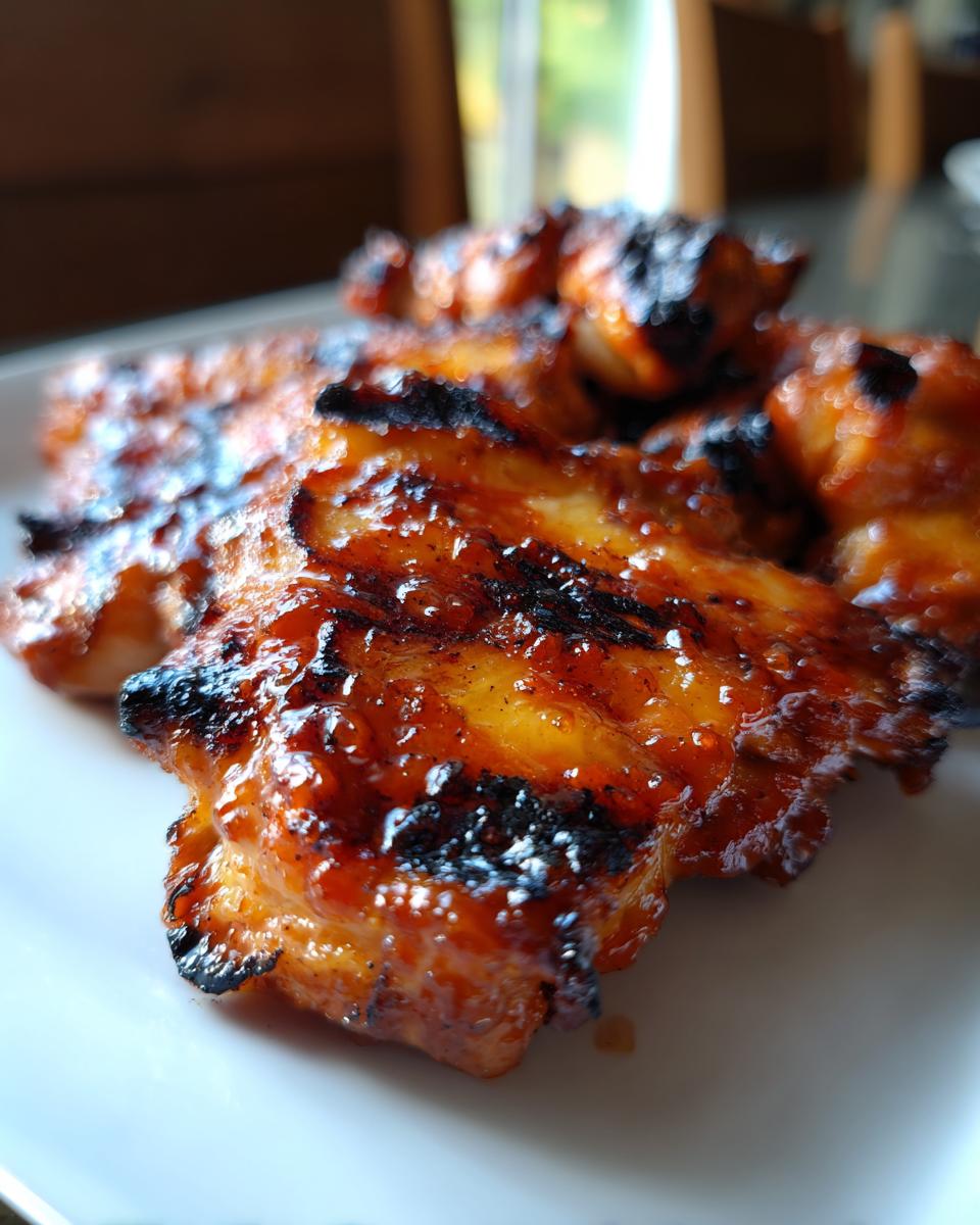 Close-up of juicy BBQ Pineapple Chicken pieces, glazed and grilled to perfection with char marks.