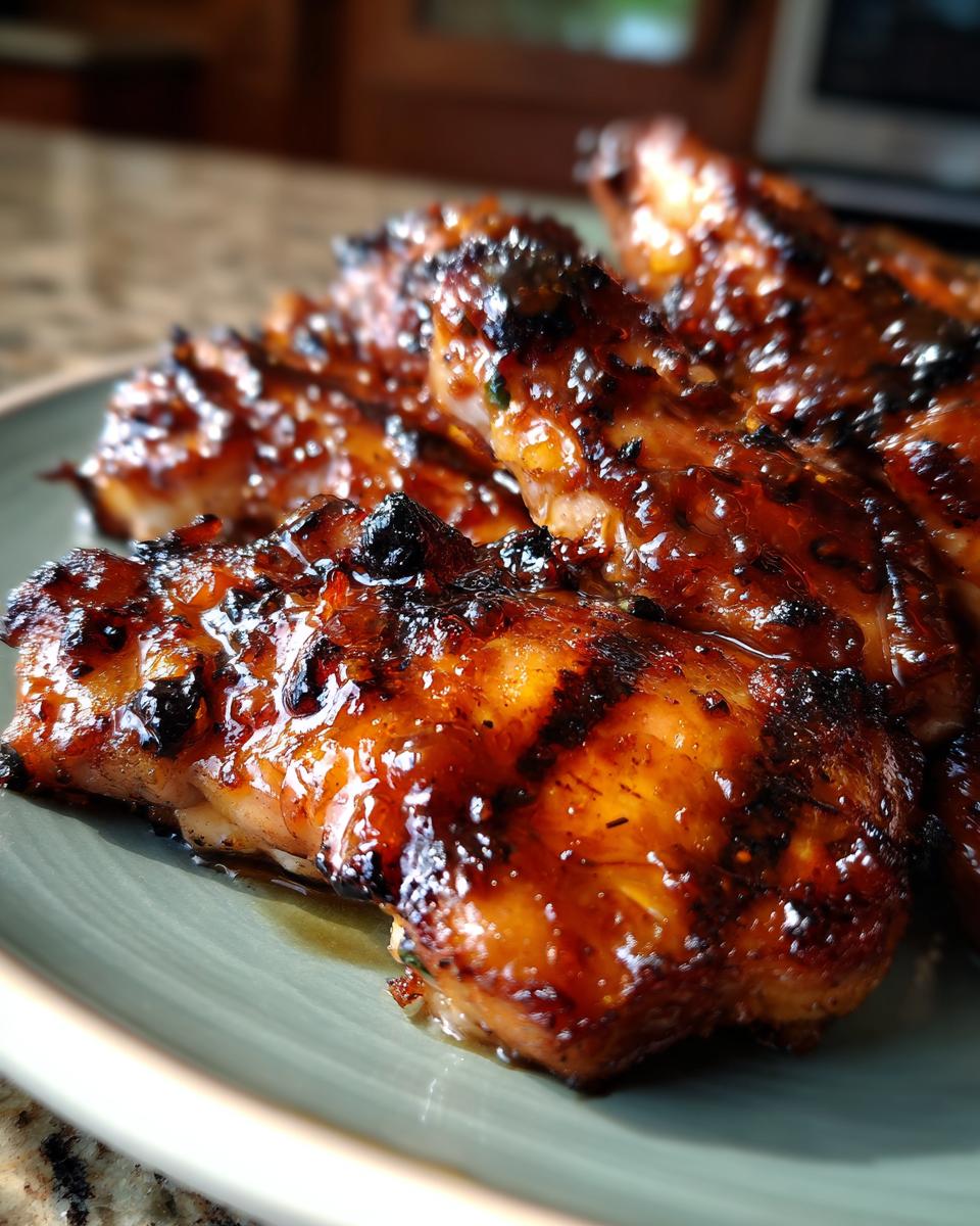 Close-up of succulent BBQ Pineapple Chicken pieces, glazed and grilled to perfection, ready for summer nights.