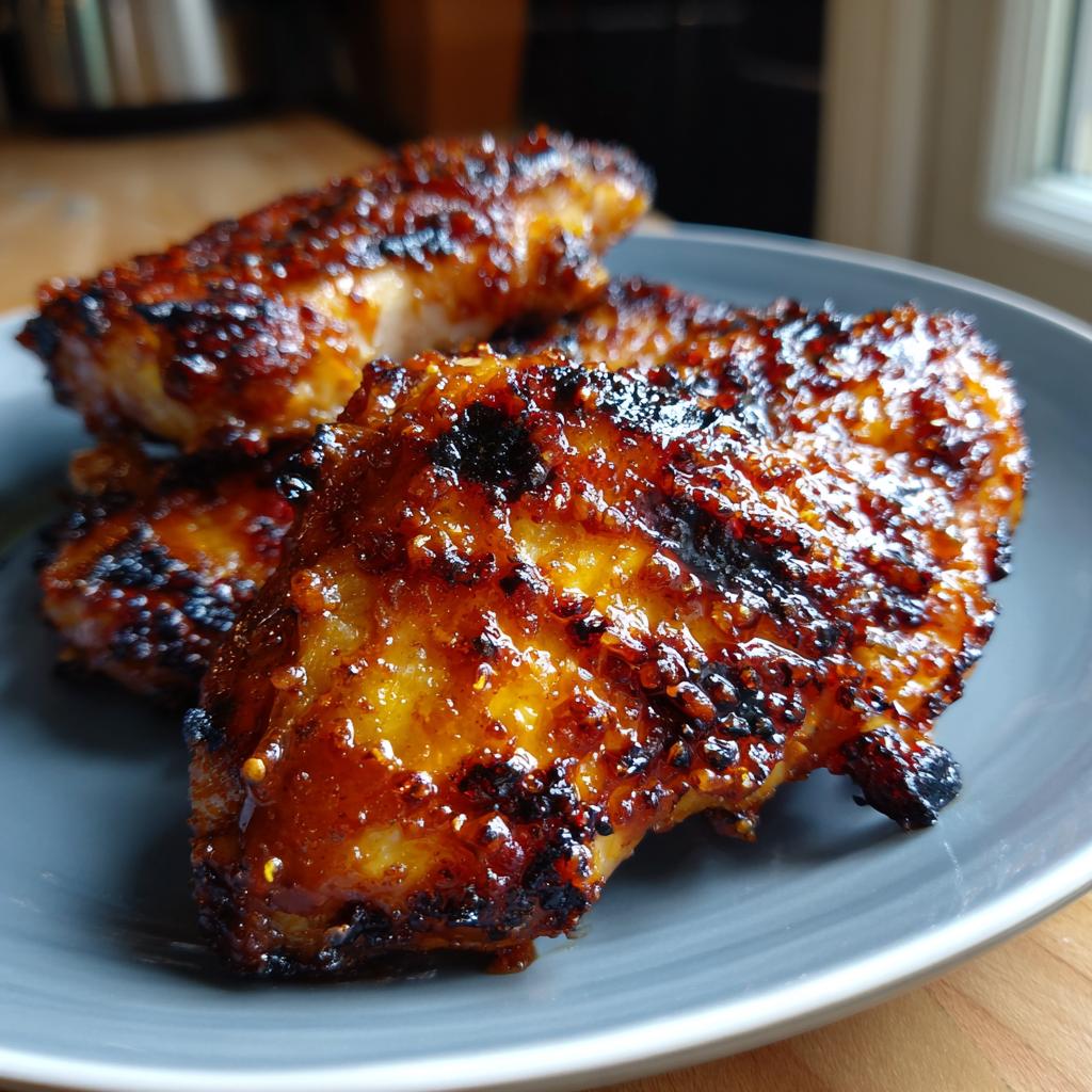 Close-up of juicy BBQ Pineapple Chicken pieces glazed and grilled to perfection, ready for summer nights.
