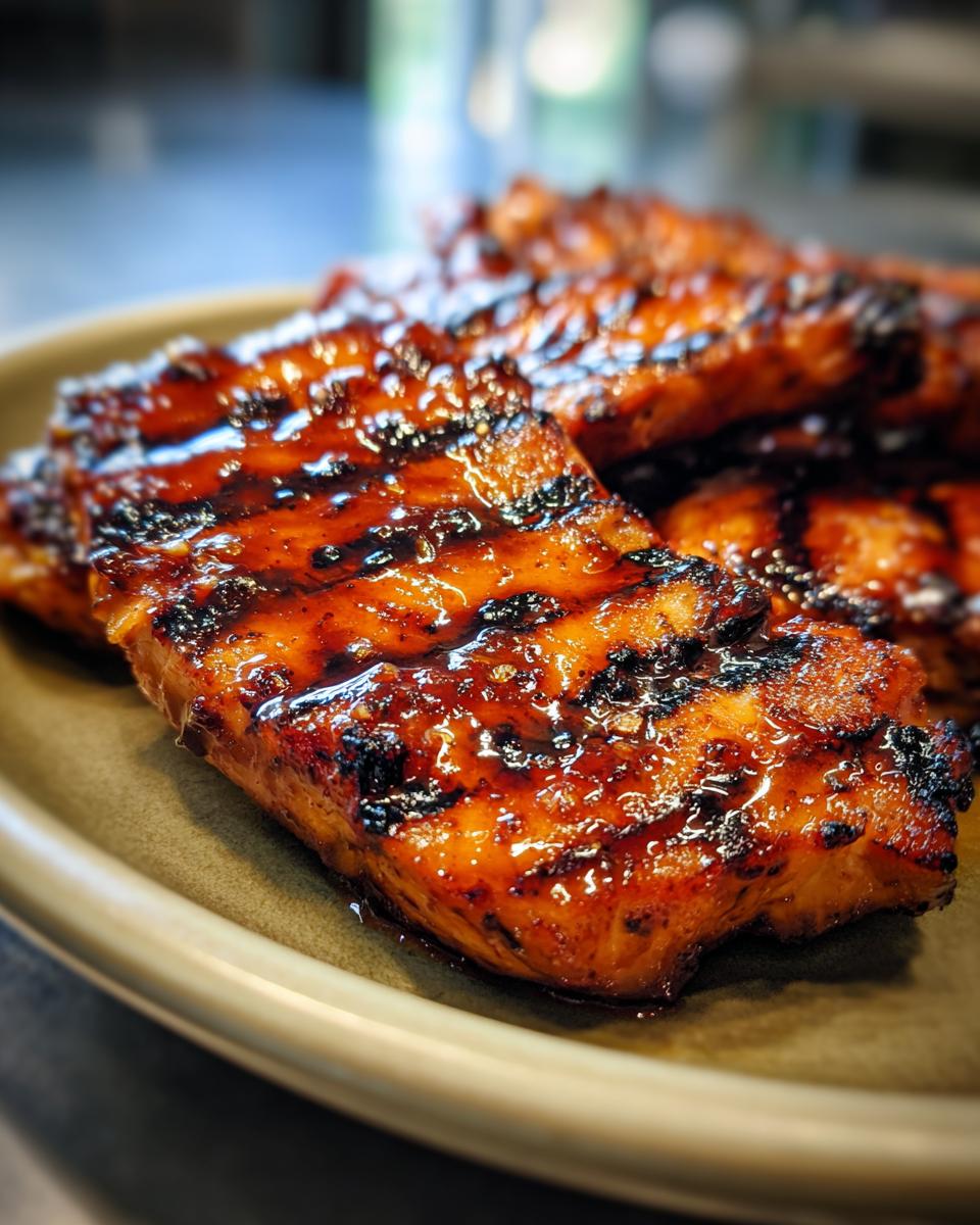 Close-up of glistening BBQ Pineapple Chicken pieces with grill marks, perfect for summer grilling recipes.