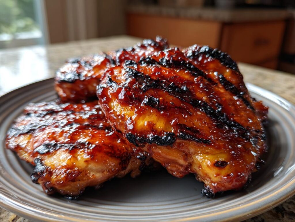 Close-up of juicy BBQ pineapple chicken pieces with grill marks on a grey plate, perfect for summer grilling recipes.