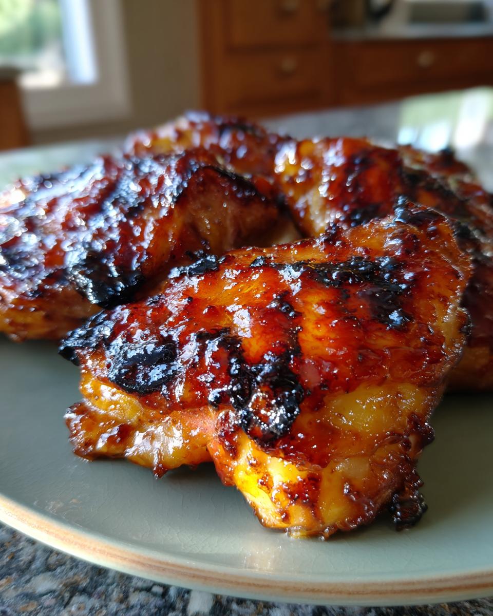 Close-up of juicy BBQ pineapple chicken thighs, glazed and grilled to perfection, ideal for summer grilling recipes.