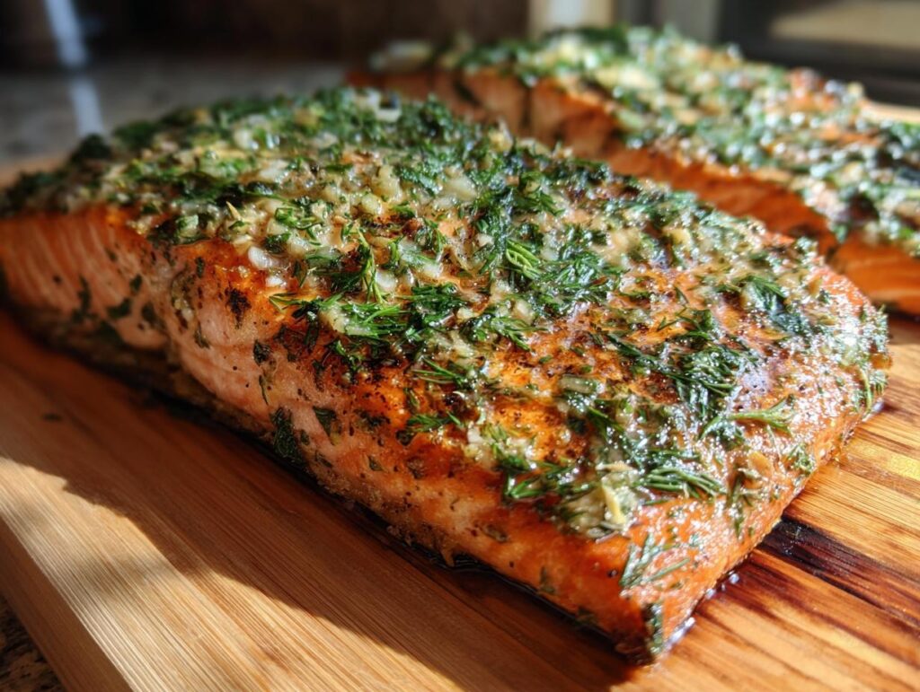 Close-up of grilled cedar plank salmon with fresh herbs and garlic, ready to serve.
