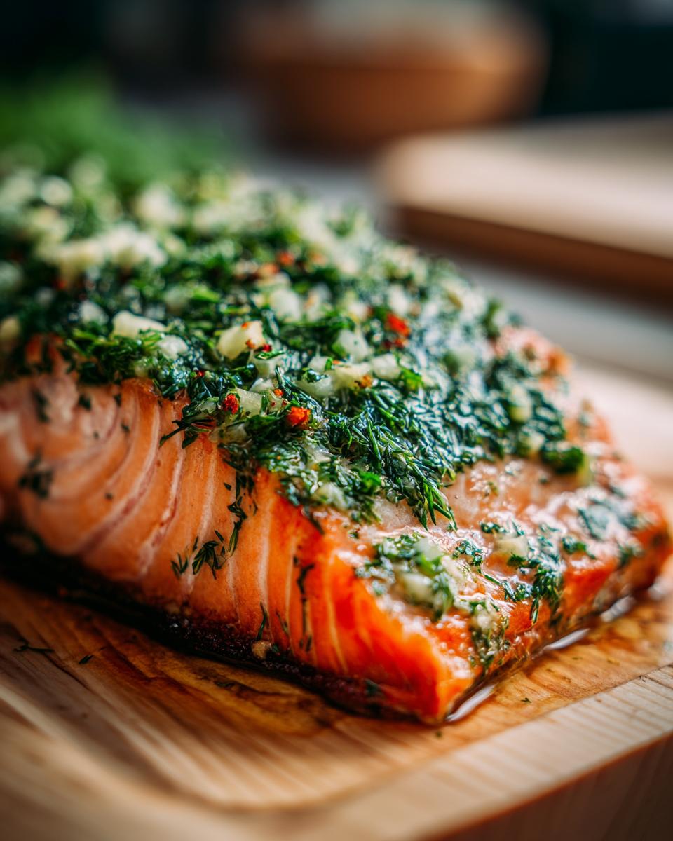 Close-up of a perfectly grilled cedar plank salmon fillet topped with fresh herbs and garlic.