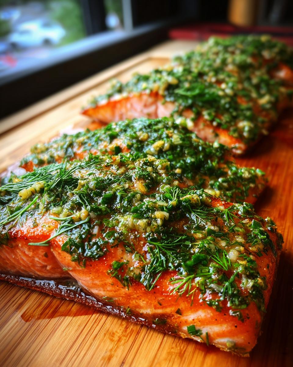 Close-up of grilled cedar plank salmon fillets topped with a generous amount of fresh herbs and garlic.