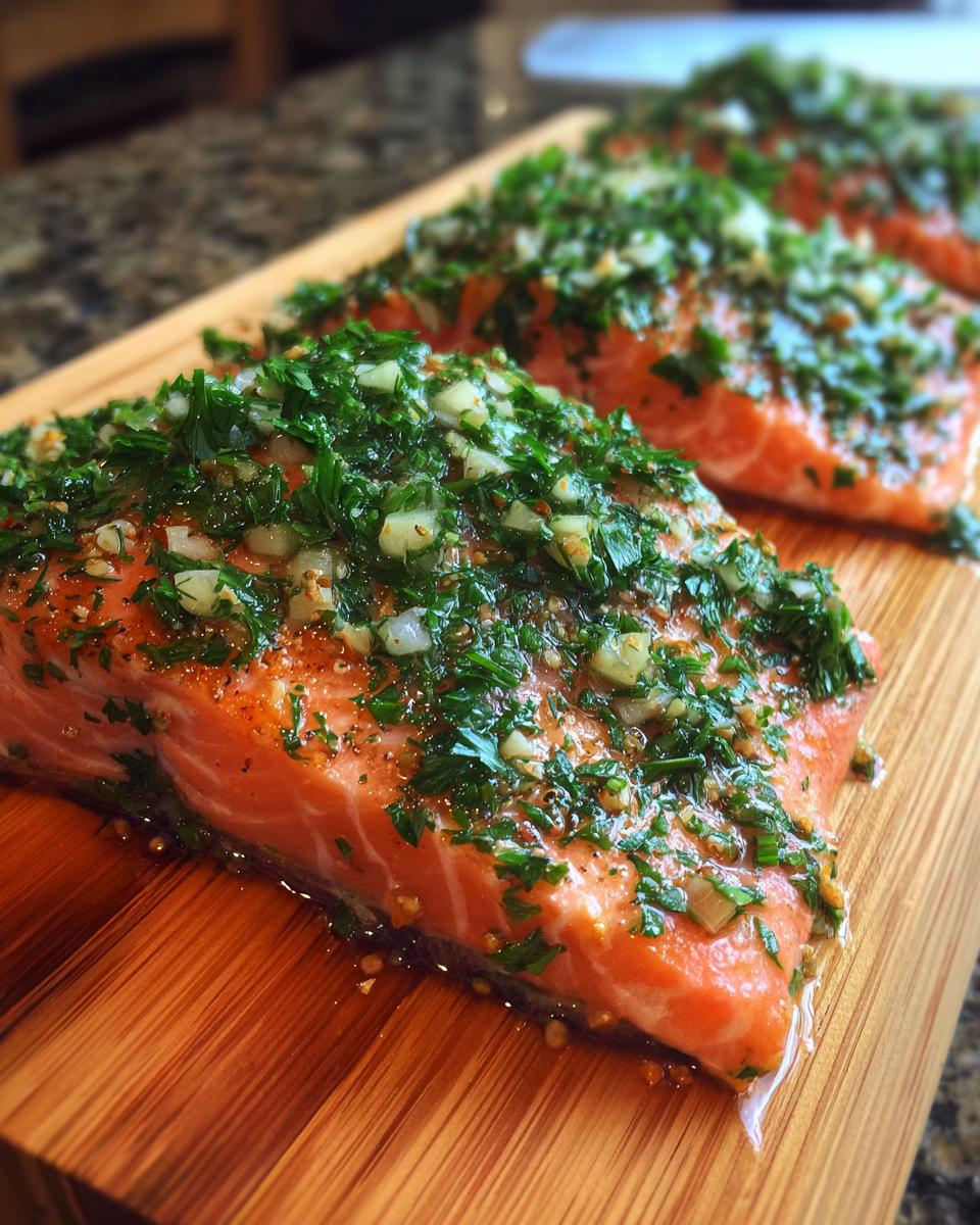 Close-up of raw salmon fillets seasoned with fresh herbs and garlic on a wooden cutting board, ready for grilling.