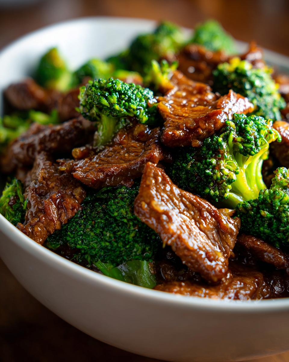 Close-up of a white bowl filled with glossy Chinese Beef and Broccoli, featuring tender beef strips and vibrant green broccoli florets.