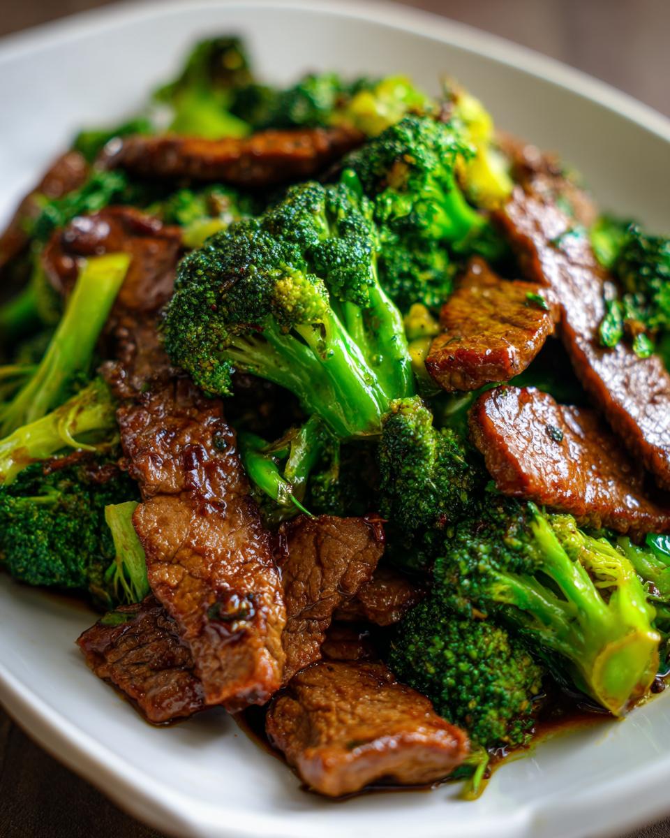 Close-up of tender slices of Chinese beef and broccoli florets coated in a savory sauce.