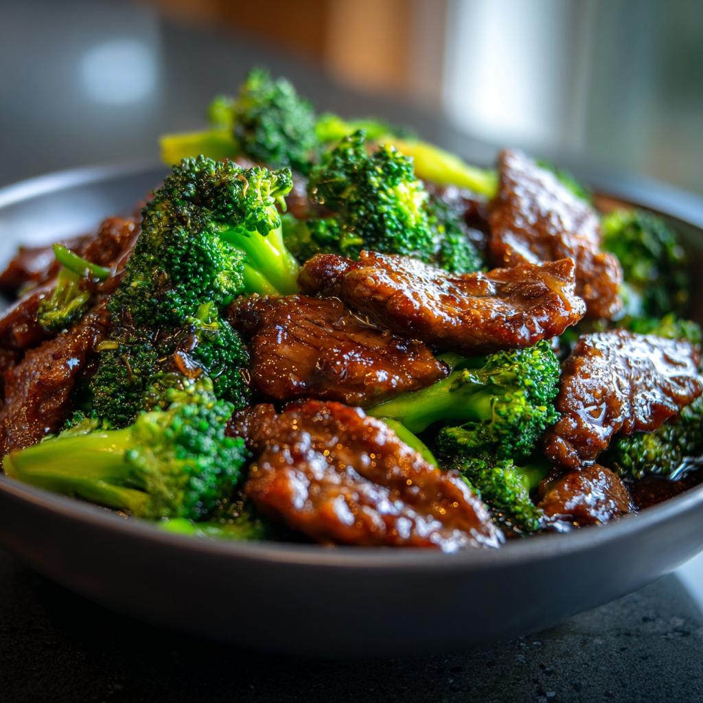 Close-up of tender Chinese Beef and Broccoli coated in a savory sauce, served in a dark bowl.
