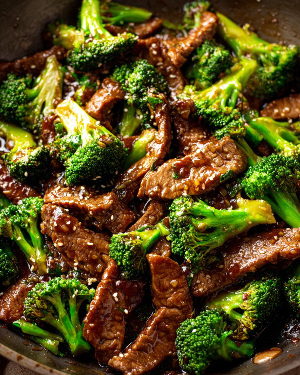 Close-up of a wok filled with tender slices of Chinese beef and broccoli in a glossy sauce, sprinkled with sesame seeds.