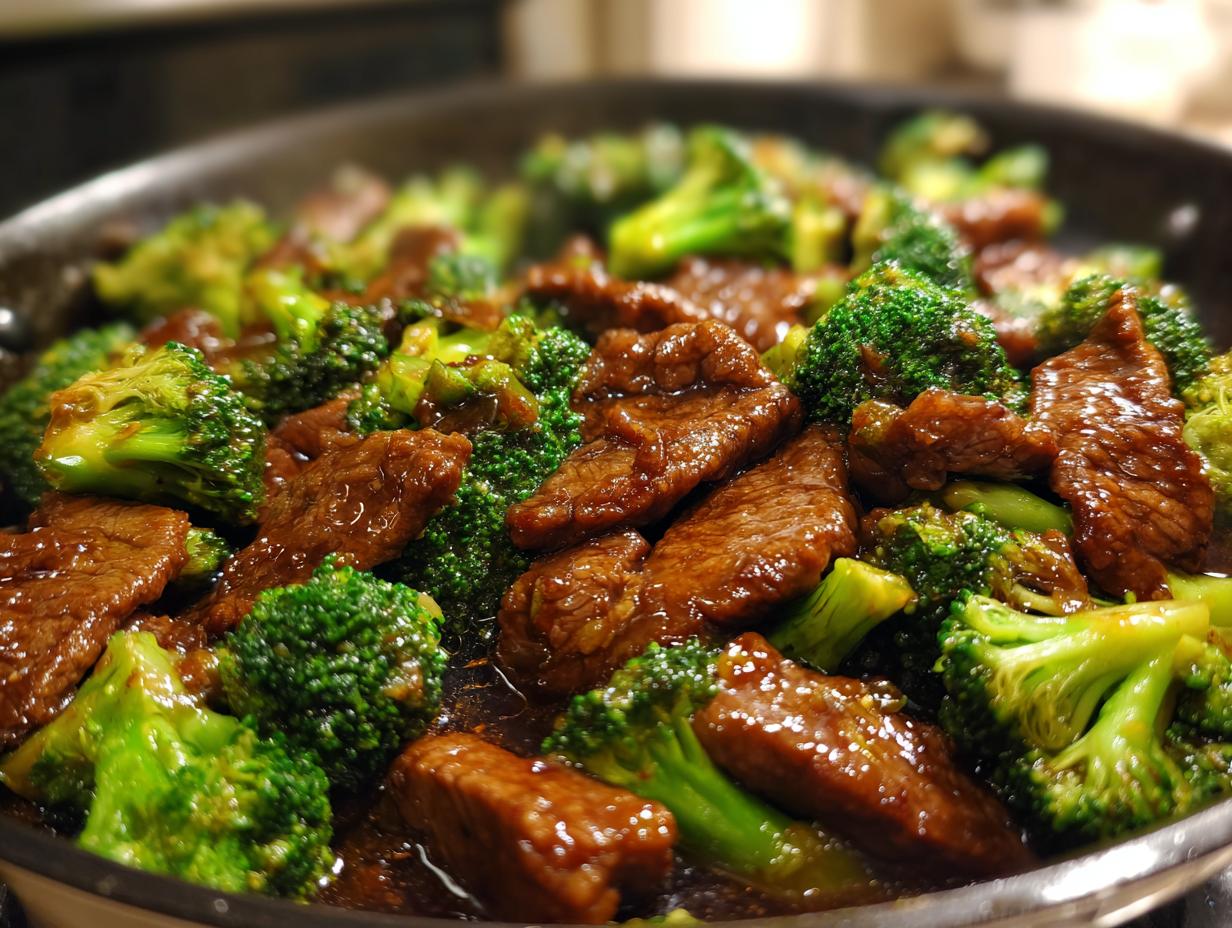 Close-up of tender slices of beef and vibrant broccoli florets coated in a savory sauce, a classic Chinese Beef and Broccoli dish.