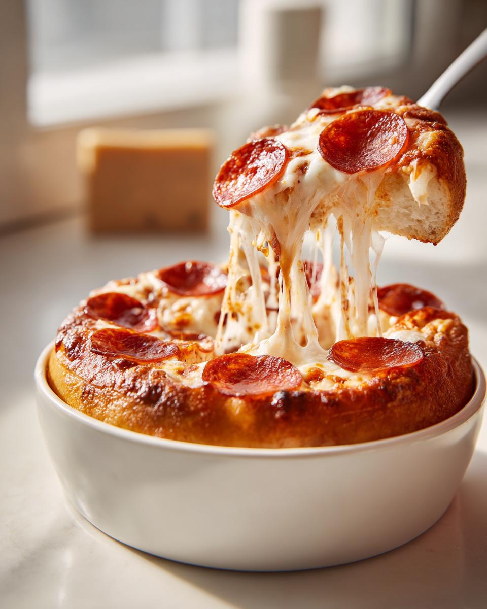 A slice of Cottage Cheese Pizza Bowl being lifted, showing a delicious cheese pull with pepperoni.