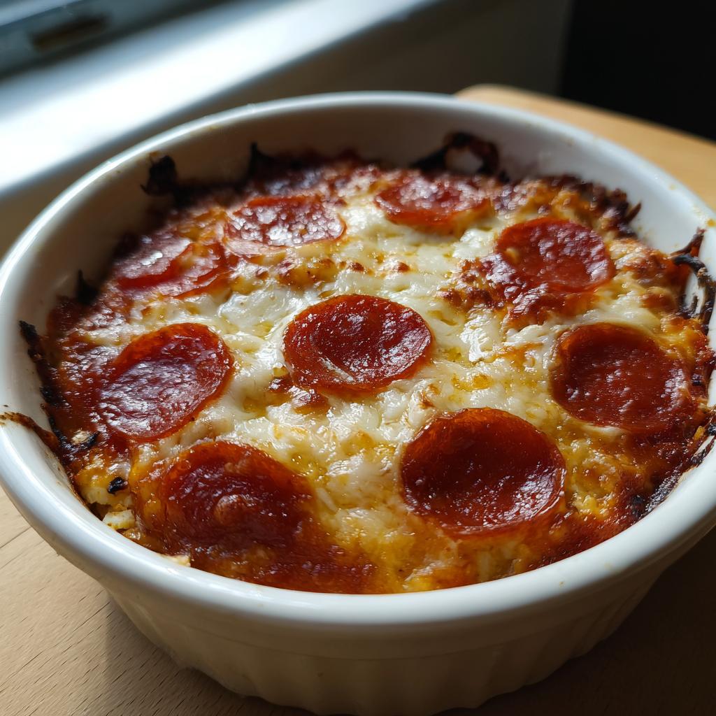 A close-up of a baked Cottage Cheese Pizza Bowl topped with melted cheese and pepperoni slices.
