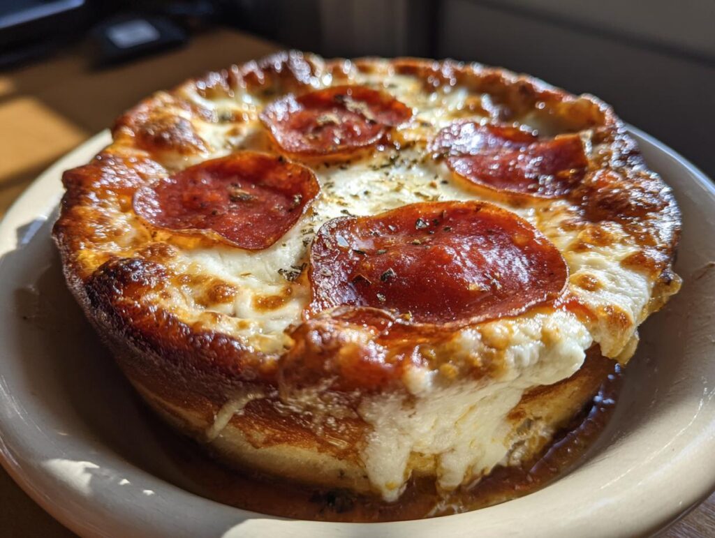 A close-up of a golden-brown Cottage Cheese Pizza Bowl topped with melted cheese and pepperoni slices.