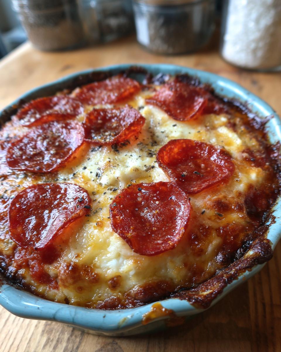 A close-up of a baked Cottage Cheese Pizza Bowl topped with melted cheese and pepperoni slices.