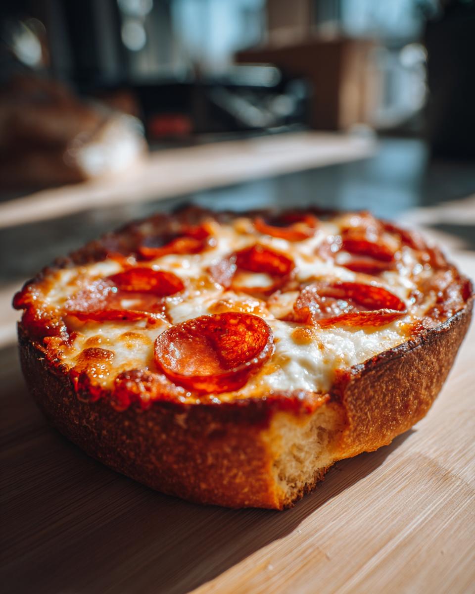 A close-up of a Cottage Cheese Pizza Bowl topped with melted cheese and pepperoni slices, with a bite taken out.