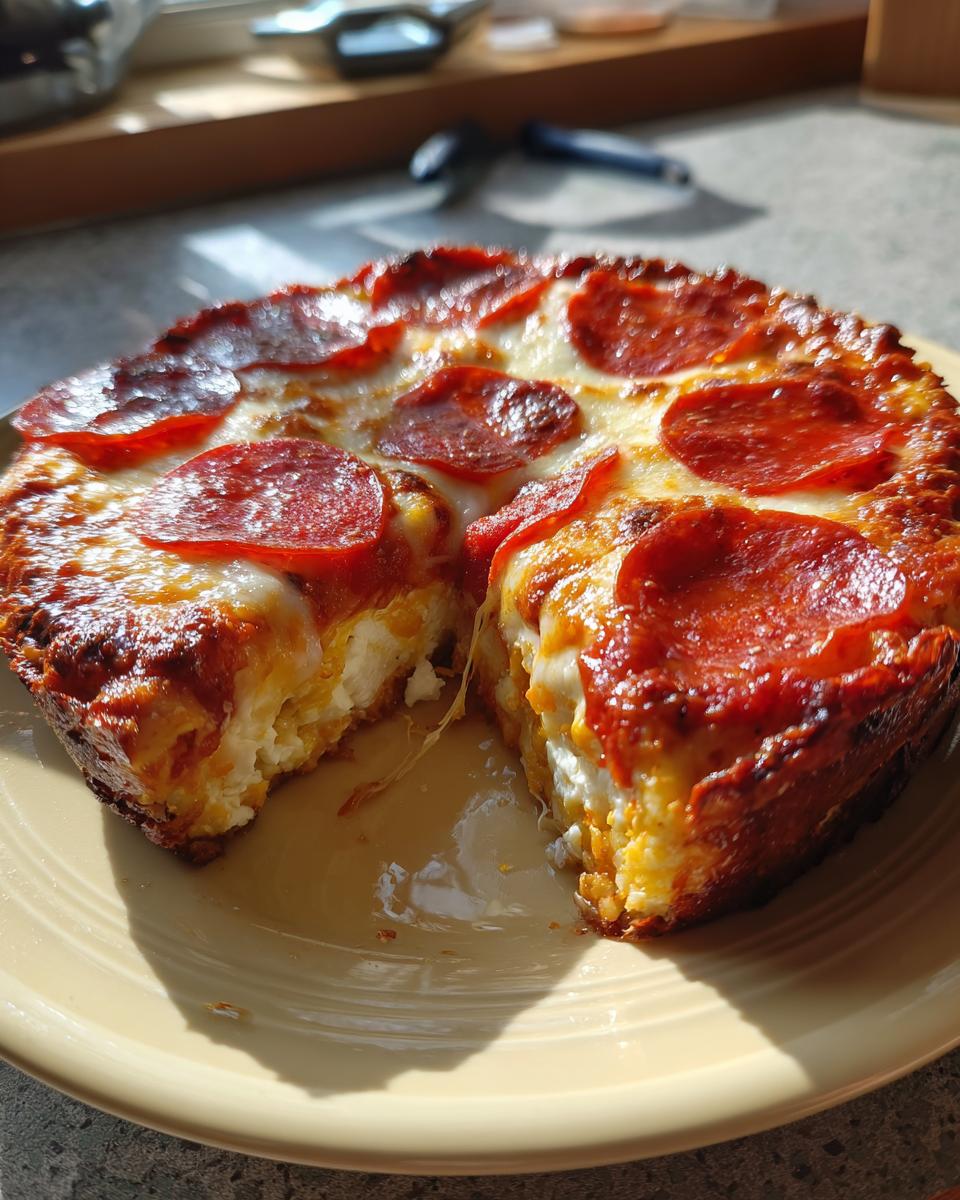 A close-up of a baked Cottage Cheese Pizza Bowl topped with melted cheese and pepperoni slices, cut to show the fluffy interior.