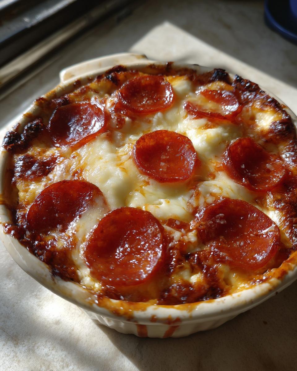 Close-up of a baked Cottage Cheese Pizza Bowl topped with melted cheese and pepperoni slices.