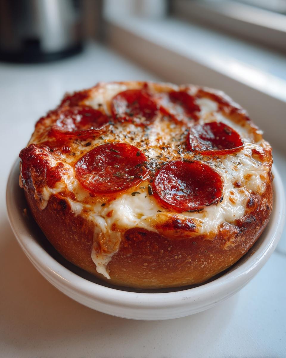 A close-up of a delicious Cottage Cheese Pizza Bowl topped with melted cheese and pepperoni slices.
