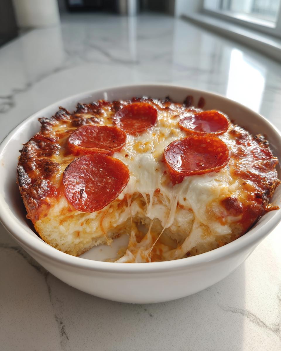 A close-up of a Cottage Cheese Pizza Bowl topped with melted cheese and pepperoni slices.