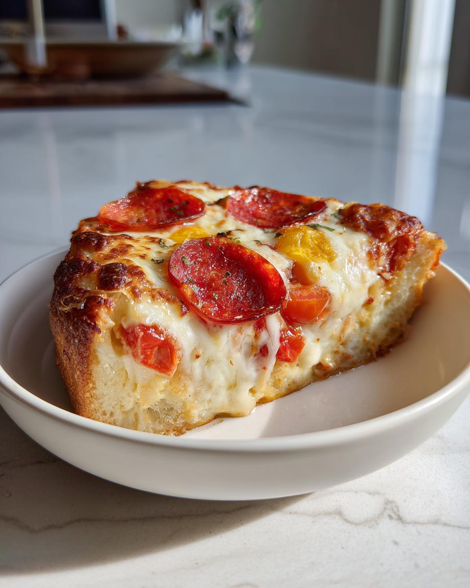 A slice of Cottage Cheese Pizza Bowl with pepperoni, melted cheese, and tomatoes in a white bowl.