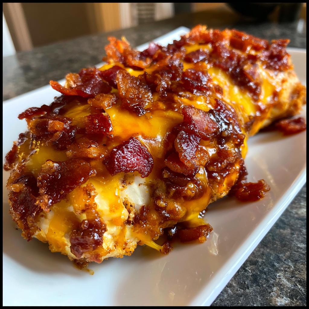 Close-up of Cowboy BBQ Bacon Cheddar Chicken, with melted cheddar cheese and crispy bacon.