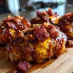 Close-up of Cowboy BBQ Bacon Cheddar Chicken bites topped with melted cheddar cheese, crispy bacon, and BBQ sauce.