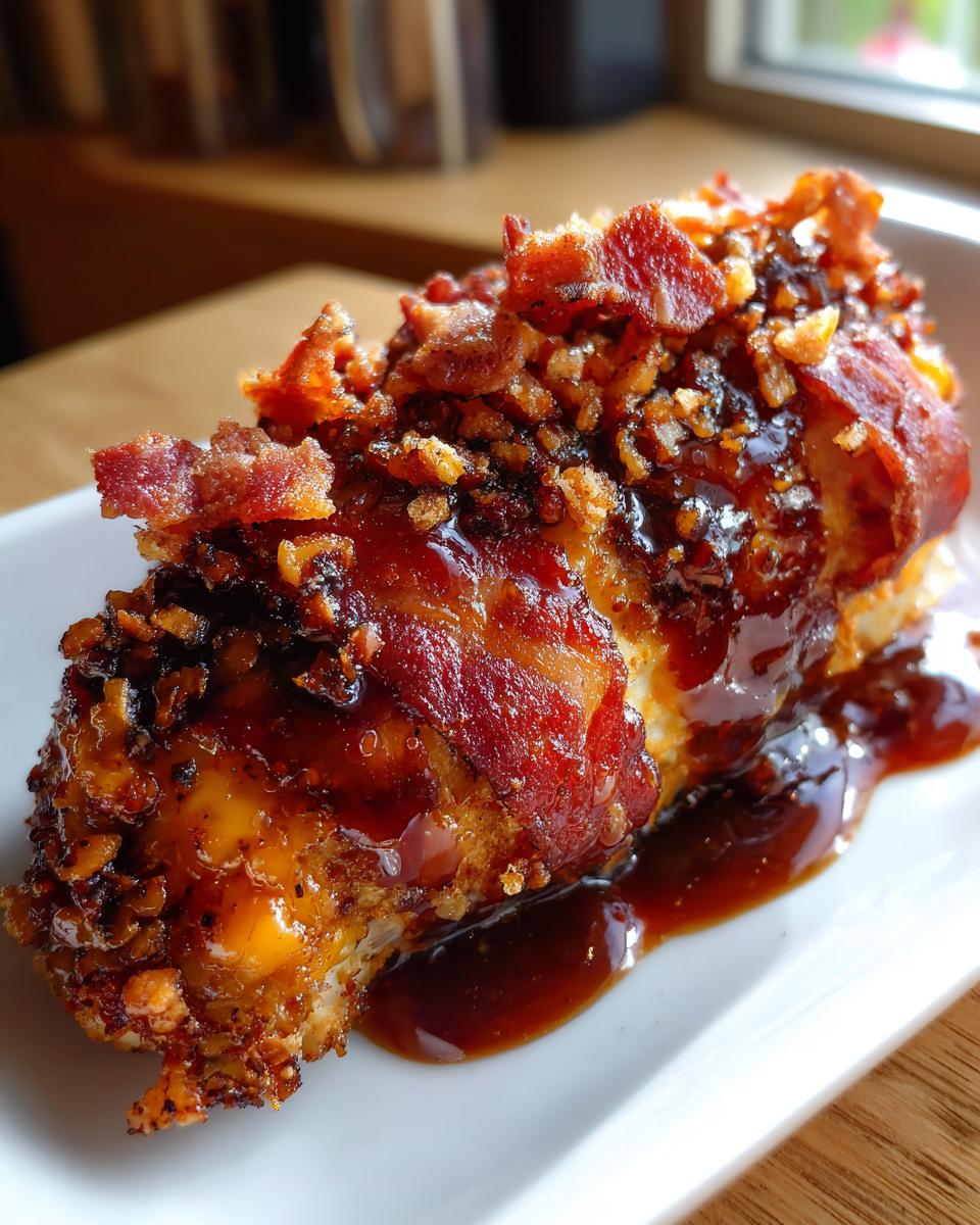 A close-up of Cowboy BBQ Bacon Cheddar Chicken, coated in BBQ sauce and topped with crispy bacon bits.