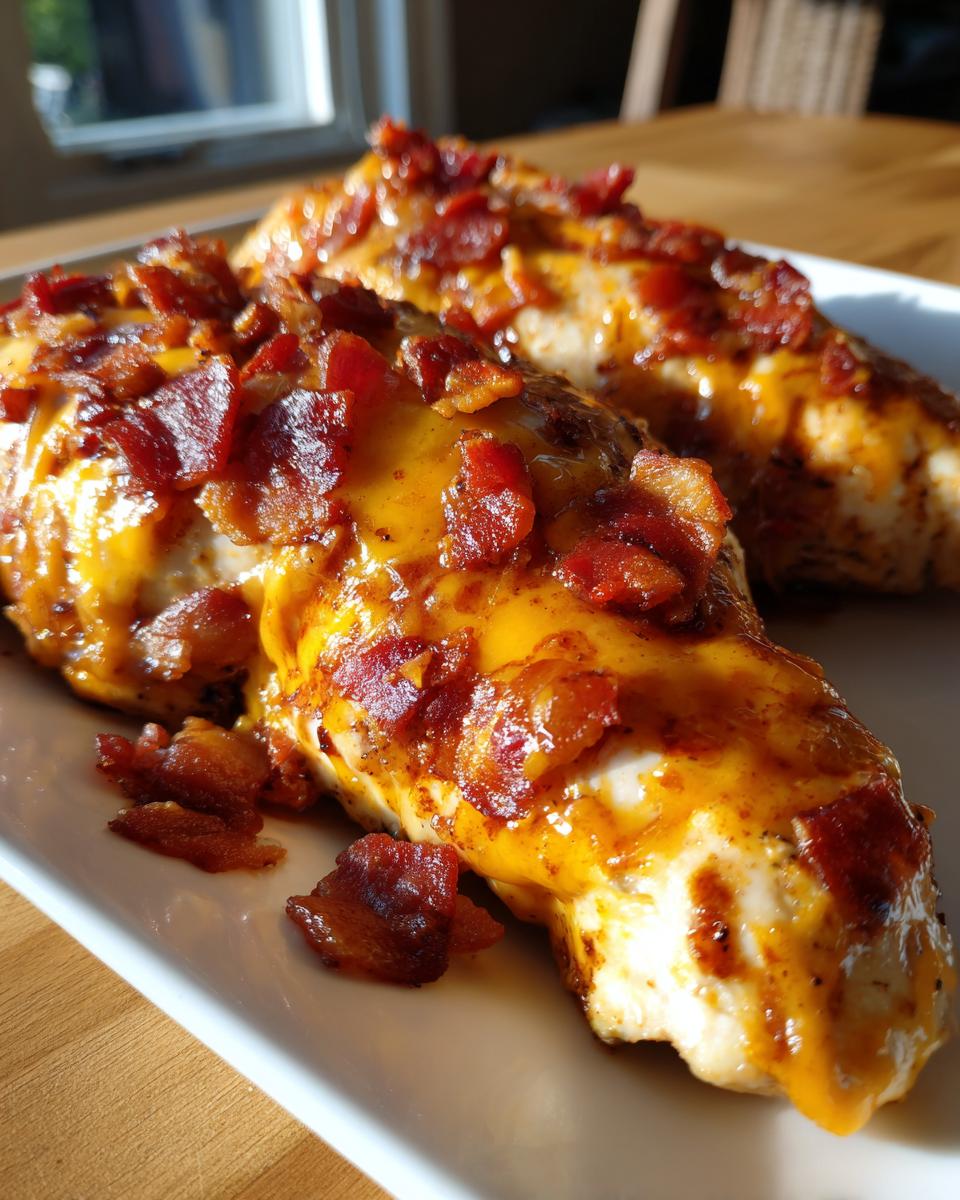 Two pieces of Cowboy BBQ Bacon Cheddar Chicken on a white plate, topped with melted cheddar cheese and crispy bacon bits.
