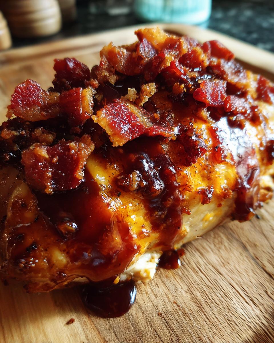 Close-up of Cowboy BBQ Bacon Cheddar Chicken, glistening with BBQ sauce and topped with crispy bacon.
