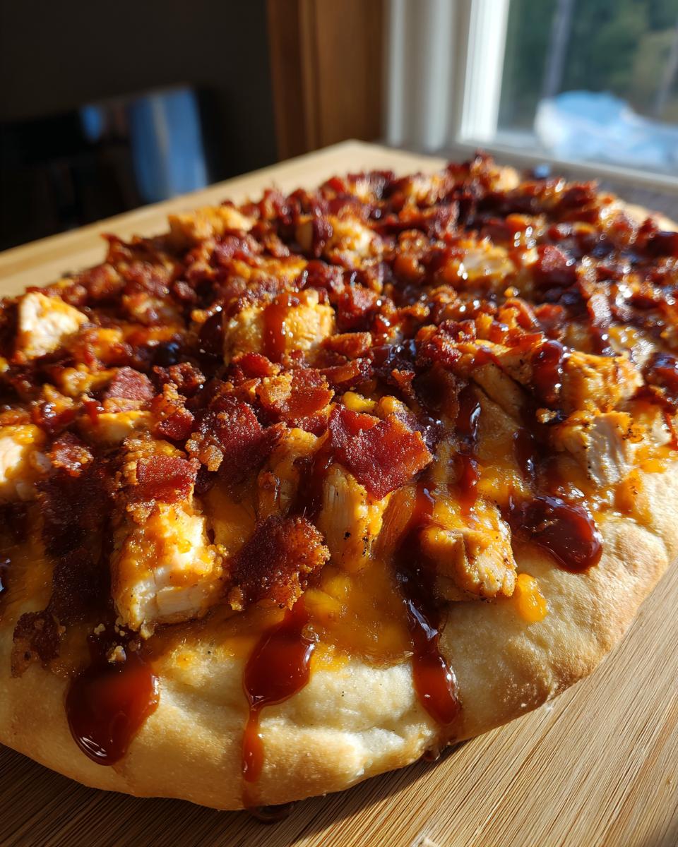 Close-up of a Cowboy BBQ Bacon Cheddar Chicken pizza, topped with chicken, bacon, cheese, and BBQ sauce.