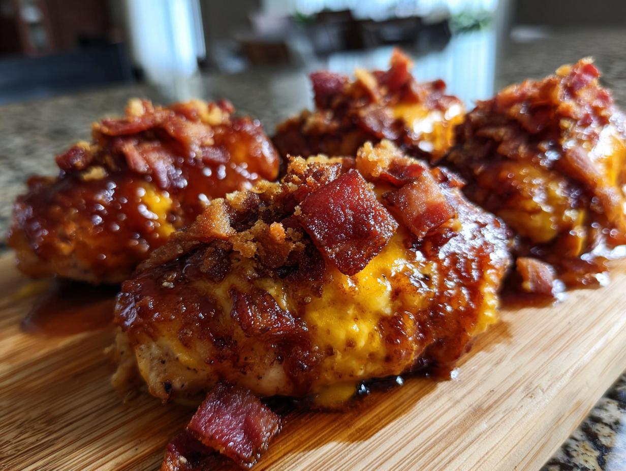 Close-up of Cowboy BBQ Bacon Cheddar Chicken bites topped with melted cheddar cheese, crispy bacon, and BBQ sauce.