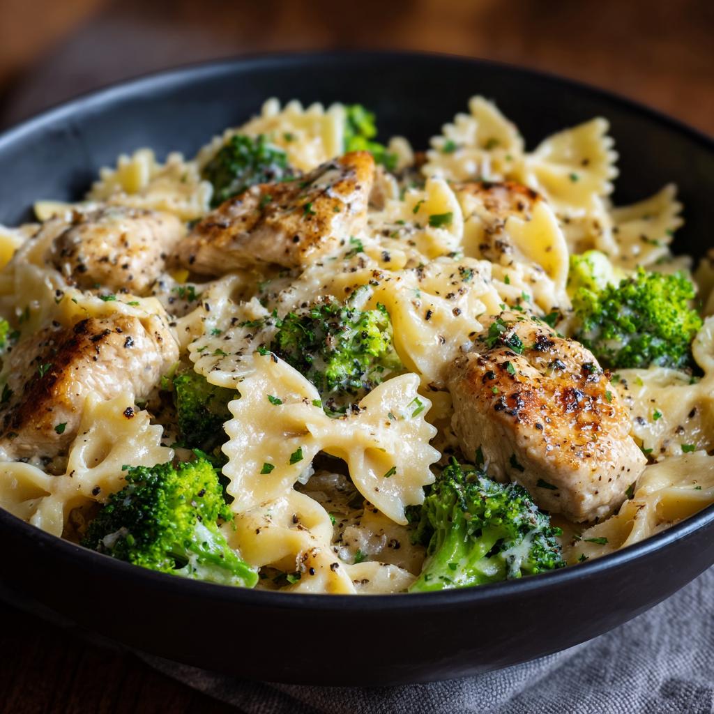 A close-up of Cowboy Butter Lemon Bowtie Chicken Pasta with Broccoli in a black bowl, garnished with parsley.