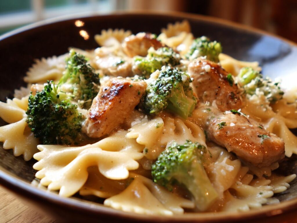A close-up of Cowboy Butter Lemon Bowtie Chicken Pasta with Broccoli, featuring tender chicken pieces, vibrant broccoli florets, and creamy sauce.