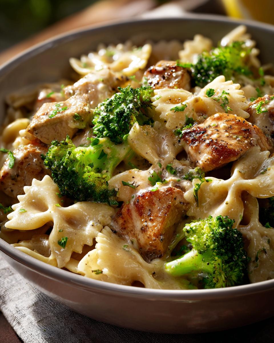 A close-up of Cowboy Butter Lemon Bowtie Chicken Pasta with Broccoli, featuring tender chicken pieces, vibrant broccoli florets, and creamy sauce.