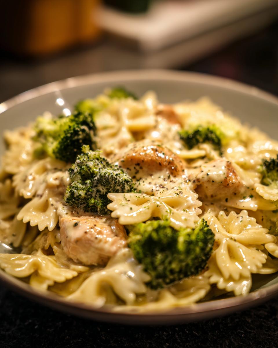 A close-up of Cowboy Butter Lemon Bowtie Chicken Pasta with Broccoli, featuring creamy sauce, tender chicken, and vibrant broccoli florets.