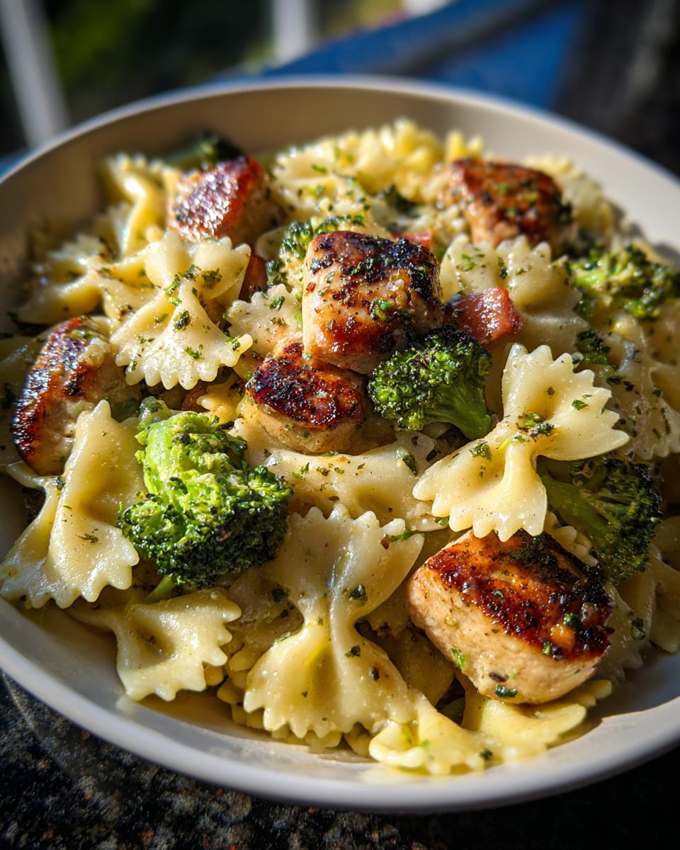 A close-up of Cowboy Butter Lemon Bowtie Chicken Pasta with Broccoli, featuring tender chicken pieces, vibrant broccoli florets, and bowtie pasta in a creamy sauce.