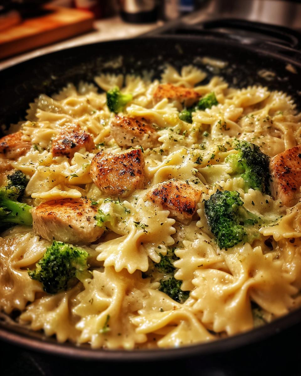 Close-up of Cowboy Butter Lemon Bowtie Chicken Pasta with Broccoli in a pan, garnished with parsley.