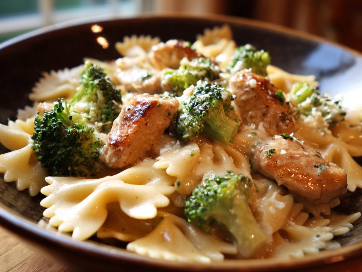 A close-up of Cowboy Butter Lemon Bowtie Chicken Pasta with Broccoli, featuring tender chicken pieces, vibrant broccoli florets, and creamy sauce.