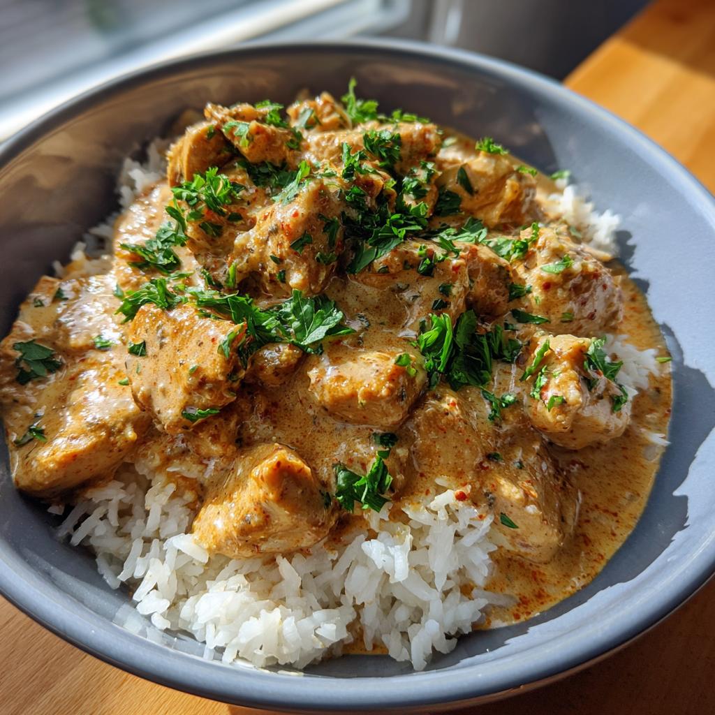 A close-up of a bowl filled with white rice and topped with tender chicken pieces in a creamy Cajun sauce, garnished with fresh parsley.