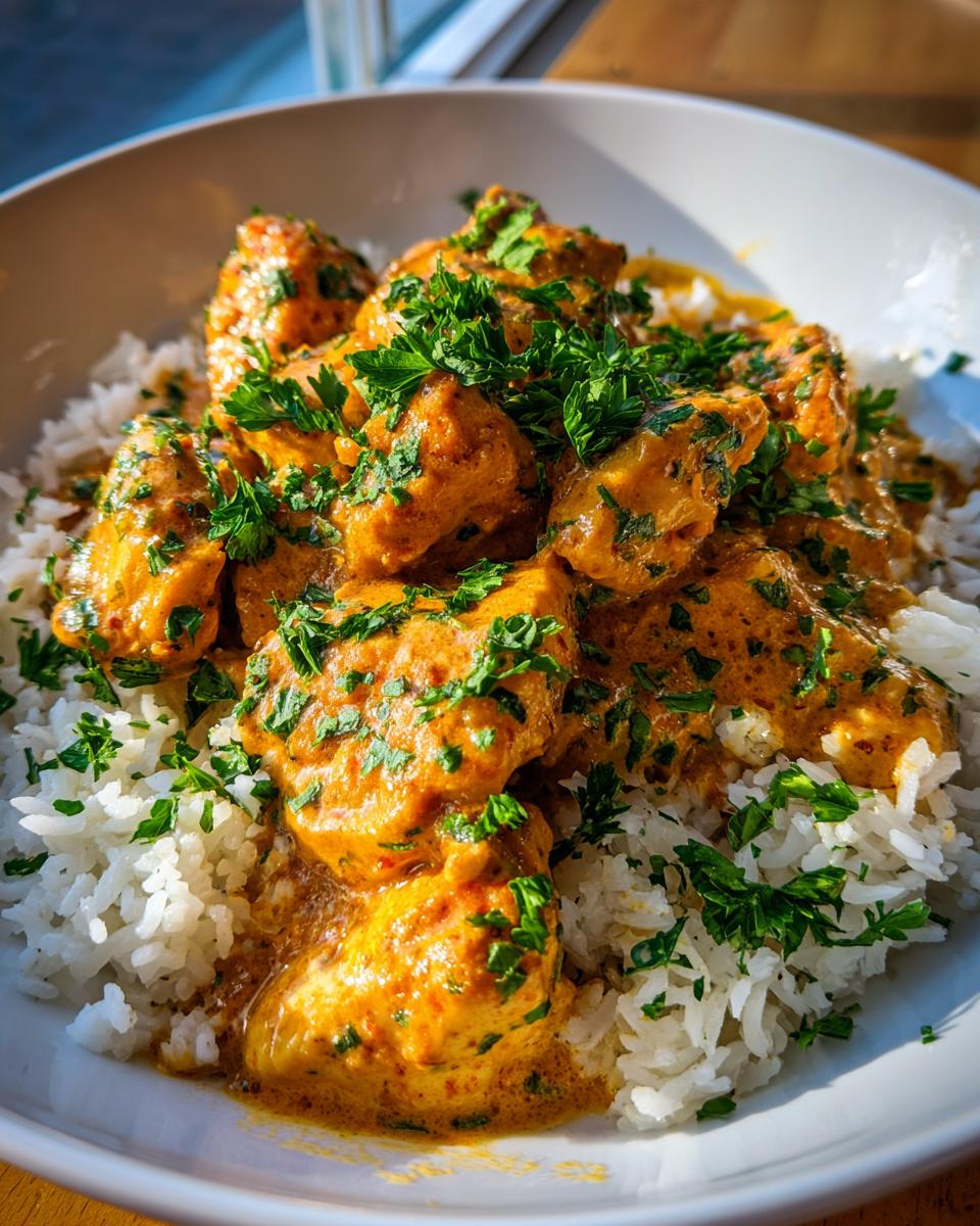 A close-up of Creamy Cajun Chicken & Rice Bowls, featuring tender chicken in a rich sauce over fluffy white rice, garnished with fresh parsley.
